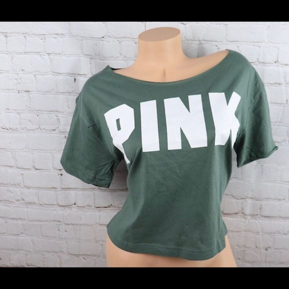 VICTORIA'S SECRET PINK - Olive Green Oversized LOGO Cropped Short Sleeve T-Shirt